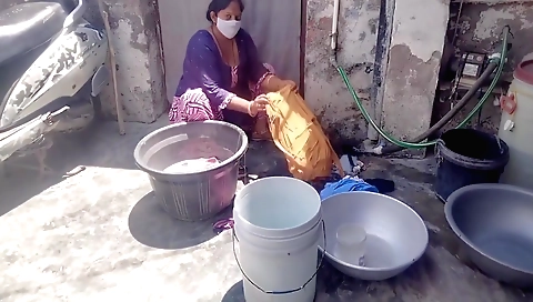 A hot brunette with big boobs is getting fucked outdoors