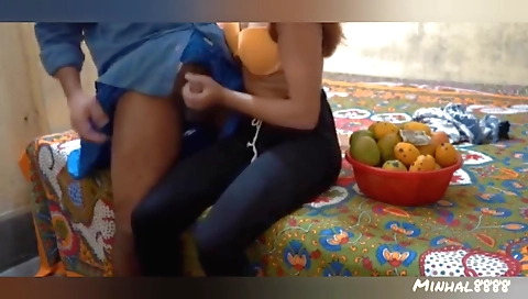 Busty brunette woman in a small body is having a handjob