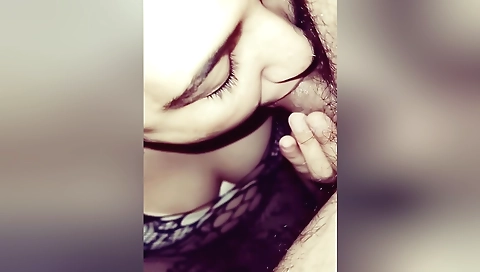 Big-breasted brunette wife with big boobs suck dick